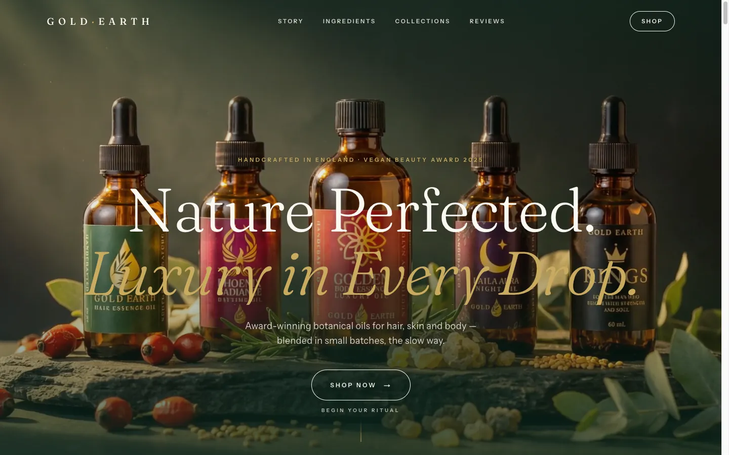 Development frame — cinematic homepage opening with the five Gold Earth oils on dark stone