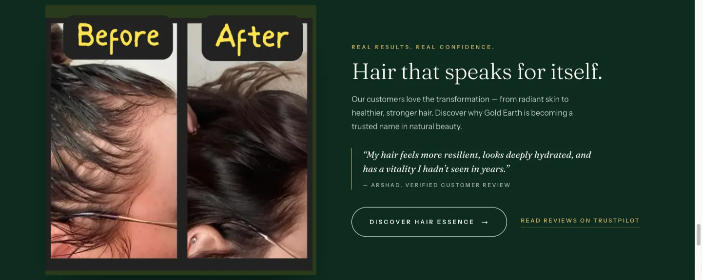 Development frame — real results section with customer before and after