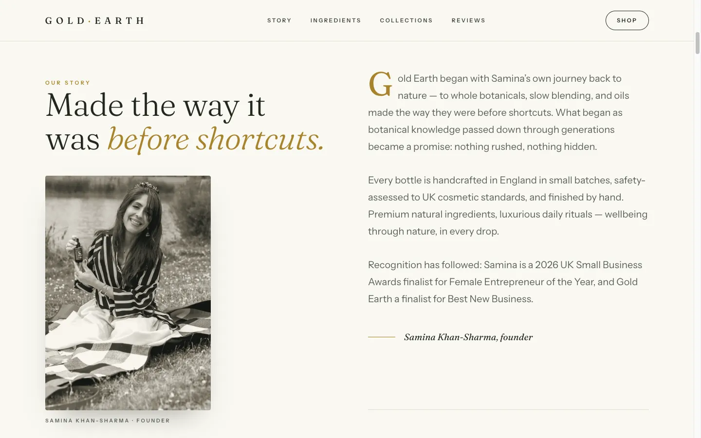 Development frame — founder story section with Samina's portrait