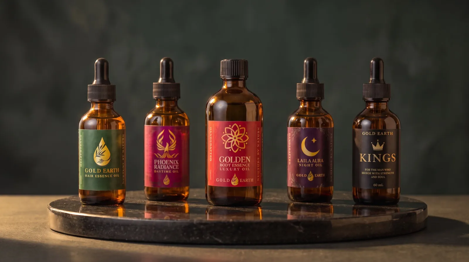 The full Gold Earth collection, reshot — five bottles on polished stone
