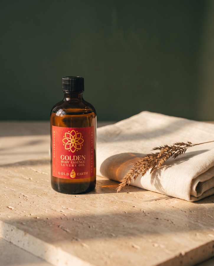 Golden Body Essence on travertine in warm light