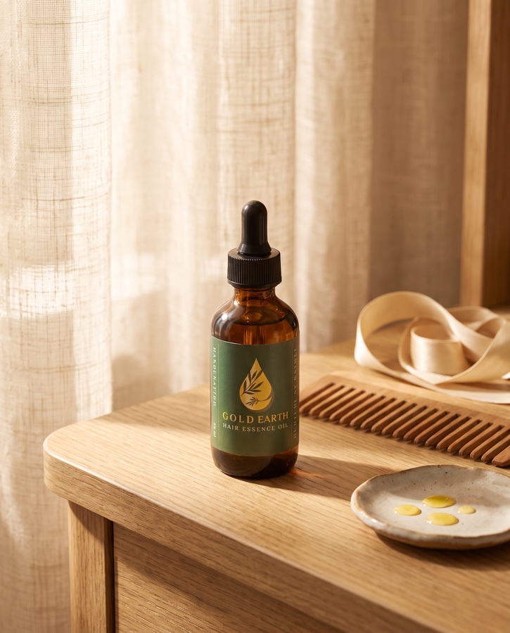 Gold Earth Hair Essence in morning light on an oak dressing table
