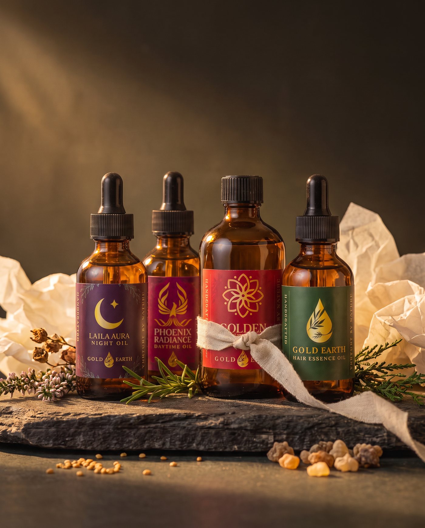 New Golden Glow Set lifestyle concept — gift moment on stone