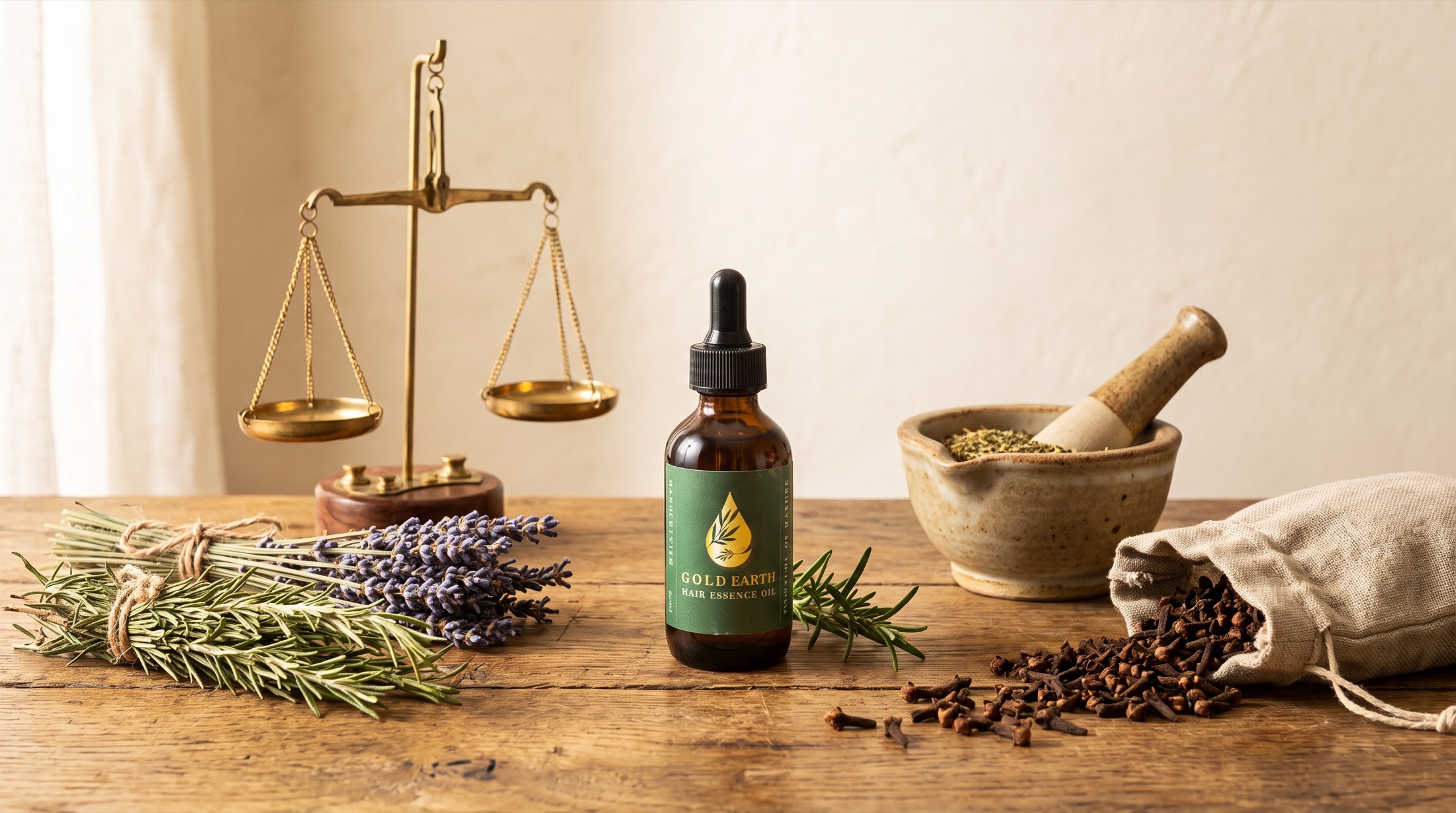 Gold Earth Hair Essence bottle on a workbench among botanicals, brass scales and a pestle and mortar